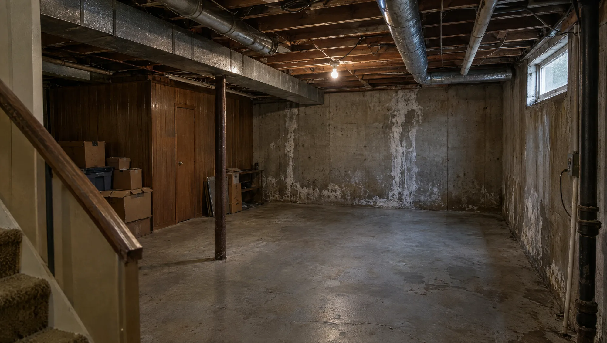 Unfinished basement with bare concrete and exposed joists