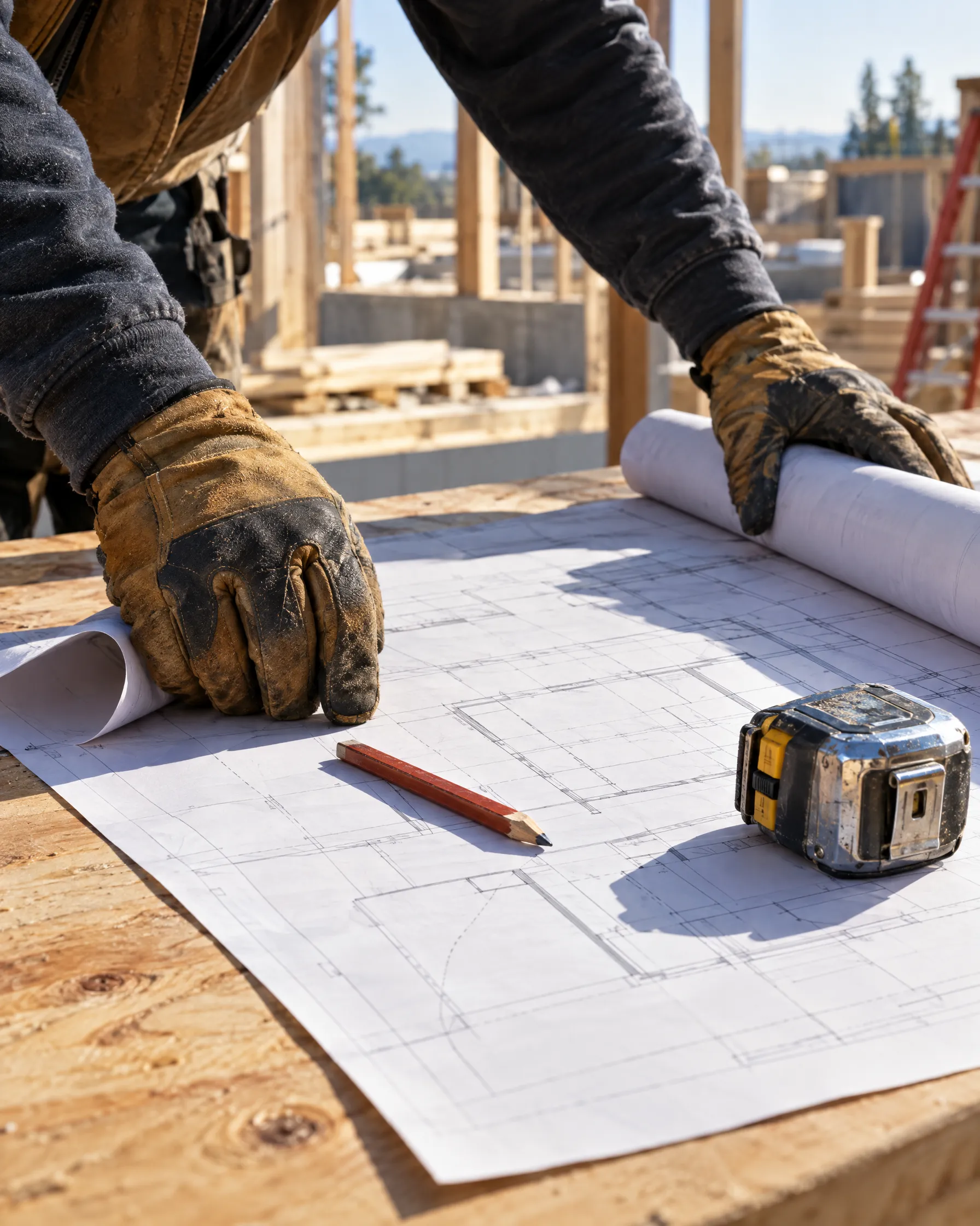 Builder unrolling plans on a job site