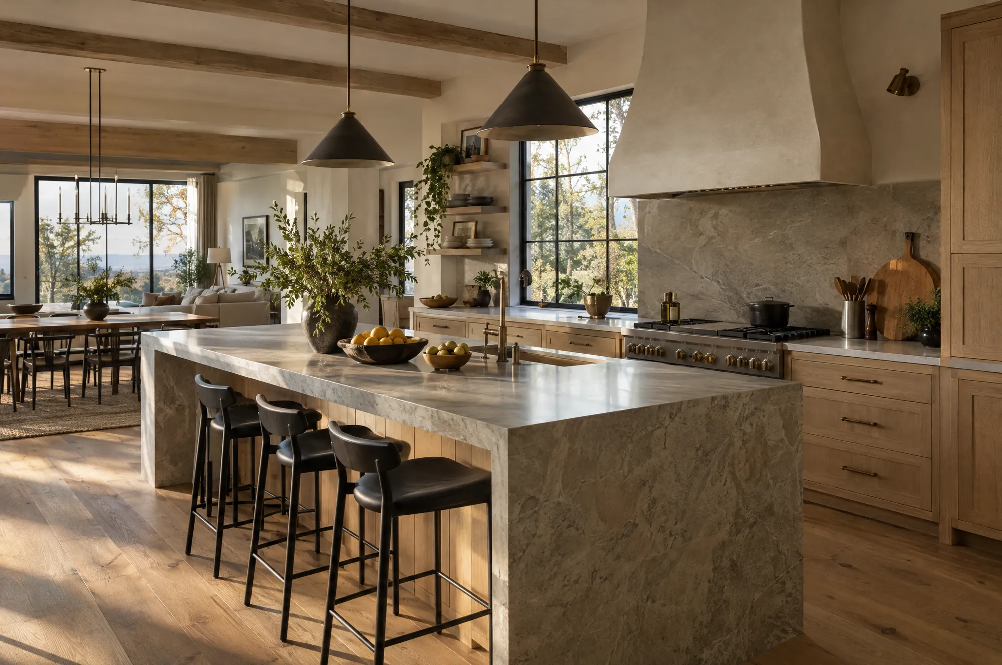 Remodeled open kitchen with quartzite island